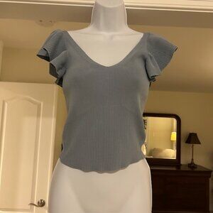 Lucy Paris Blue Ribbed Ruffle Sleeve Cropped Top – XS